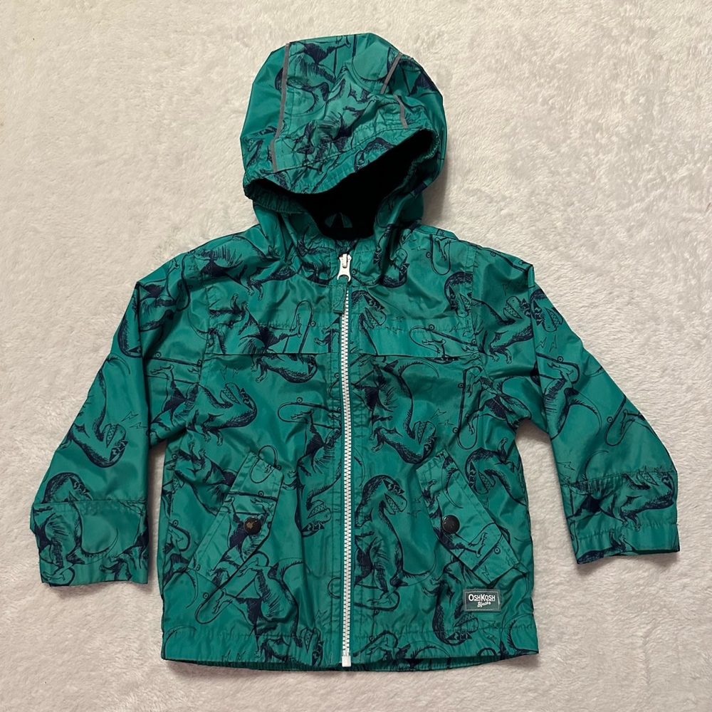 Oshkosh B’gosh Hooded Rain Jacket, green with blue dinosaurs, size 24 months